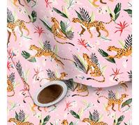 LeZakaa Cheetah Wrapping Paper Roll, Cheetah and Jungle Leaf Design in Pink Gift Wrap for Summer Birthday Wedding Housewarming Party and Everyday Use, Mini Roll 17 in x 9.8 Ft
