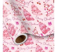 LeZakaa Cherry Christmas Wrapping Paper Roll for Girls Women, Pink Cherry Christmas Tree Candy Accents Festive Design, for Xmas Winter Wonderland, Holiday Party Celebration, Mini Roll 17 in x 16.4 Ft