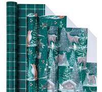 LeZakaa Christmas Green Wrapping Paper Roll - Mini Roll - Fox, Squirrel, Reindeer & Chrismas Tree, Green Plaid for Christmas Holiday Party - 17 x 120 inches - 3 Rolls (42.5 sq.ft.ttl.)