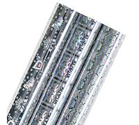 LeZakaa Christmas Holographic Foil Wrapping Paper - Mini Roll - Snowflake Blocks/Reindeer and Bell/Snowflake Silver Print for Christmas, Holiday, Party - 17 x 120 inches - 3 Rolls (42.5 sq.ft.ttl.)