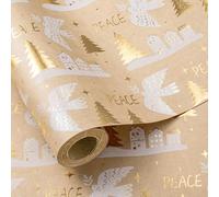 LeZakaa Christmas Kraft Wrapping Paper, Gold Foil Pigeon & Christmas Tree, Rustic Holiday Design, for Winter Holiday, Family, Friends, Gift Wrapping, Mini Roll 17 in x 16.4 Ft
