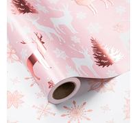 LeZakaa Christmas Pink Wrapping Paper Mini Roll, Reindeer & Snowflake, Metallic Foil, Rose Gold Foil Reversible Design for Festive Winter Holiday, Family Gathering, 17 inches x 32.8 Feet