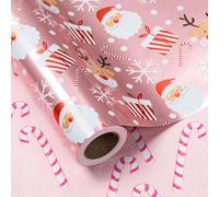 LeZakaa Christmas Pink Wrapping Paper Mini Roll, Santa Claus & Candy Cane, Metallic Foil, Rose Gold Foil Reversible Design for Festive Winter Holiday, Family Gathering, 17 inches x 32.8 Feet