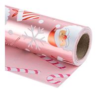 LeZakaa Christmas Pink Wrapping Paper Mini Roll, Santa Claus & Candy Cane, Metallic Foil, Rose Gold Foil Reversible Design for Festive Winter Holiday, Family Gathering, 17 inches x 32.8 Feet