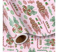 LeZakaa Christmas Pink Wrapping Paper Roll - Sweet Candy Canes, Lollipops Design for Christmas, Holiday Party Gift Wrap - 17 inches x 16.4 Feet (23.2 sq.ft.)