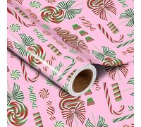 LeZakaa Christmas Pink Wrapping Paper Roll - Sweet Candy Canes, Lollipops Design for Christmas, Holiday Party Gift Wrap - 17 inches x 16.4 Feet (23.2 sq.ft.)