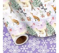 LeZakaa Christmas Reversible Wrapping Paper Roll, Watercolor Winter Forest Design with Fox Raccoon Christmas Tree Snowflake, for Kids Family, Winter Holidays, Mini Roll 17 in x 16.4 Ft