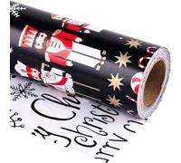 LeZakaa Christmas Wrapping Paper Jumbo Roll, Nutcracker Candy Canes Snowflake in Black & Merry Christmas in White Xmas Reversible Design Holiday Party Gift Wrap for Kids Boys Girls, 30 in x 32.8 Ft