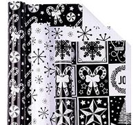 LeZakaa Christmas Wrapping Paper Mini Roll - Bell & Tree/Candy Canes/Snowflakes in Black & White for Gift Wrap, Arts Crafts - 17 x 120 inches - 3 Rolls (42.5 sq.ft.ttl.)