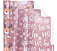 LeZakaa Christmas Wrapping Paper Mini Roll, Pink Metallic Foil Shine Paper - Snowflakes/Santa Claus/HO Print for Gift Wrap, Arts Crafts - 17 x 120 inches - 3 Rolls (42.5 sq.ft.ttl.)