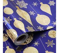 LeZakaa Christmas Wrapping Paper Roll, Blue Gold Foil Ornaments Snowflakes Design, Shiny Metallic Gift Wrap for Holiday, Winter, New Year, Family, Friends, Home Decor, Mini Roll 17 in x 16.4 Ft