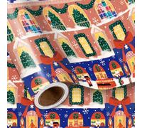 LeZakaa Christmas Wrapping Paper Roll, Blue Holiday Street Window with Christmas Trees Gifts Nutcrackers Reindeer, Winter Wonderland Xmas Seasonal Decor, for Kids Family, Mini Roll 17 in x 16.4 Ft
