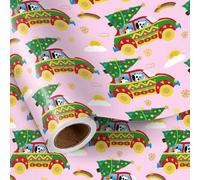 LeZakaa Christmas Wrapping Paper Roll for Kids Girls, Pink Holiday Car with Puppy Driving Christmas Tree Design, for Winter Holiday, for Pet Lovers, Mini Roll 17 in x 16.4 Ft