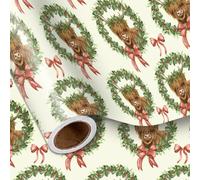 LeZakaa Christmas Wrapping Paper Roll, Highland Cow & Wreath with Bow Green Design for Holiday Gifts, Family, Friends, Kids, Christmas Party, Mini Roll 17 in x 16.4 Ft