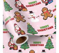 LeZakaa Christmas Wrapping Paper Roll, Pink Pixel Style Gift Wrap with Santa Gingerbread Man Snowman and Christmas Tree, Cute Gamer Party Holiday Gifts for Kids Girls Teens, Mini Roll 17 in x 16.4 Ft