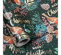 LeZakaa Christmas Wrapping Paper Roll, Red Robin Bird and Pinecone Design with Gold Foil Merry Christmas on Dark Green, Elegant Holiday Gift Wrap, Mini Roll 17 in x 16.4 Ft
