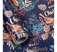 LeZakaa Christmas Wrapping Paper Roll, Red Robin Bird and Pinecone Design with Gold Foil Merry Christmas on Navy Blue, Elegant Holiday Gift Wrap, Mini Roll 17 in x 16.4 Ft