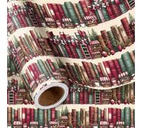 LeZakaa Christmas Wrapping Paper Roll, Stacked Holiday Books and Decor in Beige Vintage Retro Gift Wrap for Book Lovers, Teachers, Cozy Christmas, Mini Roll 17 In x 16.4 Feet