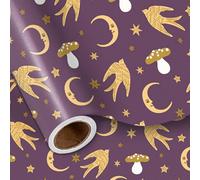 LeZakaa Elegant Christmas Wrapping Paper Roll, Purple Gold, Doves, Moon, Mushrooms, Festive Design, for Christmas, New Year's Eve, Elegant Parties, for Women, Adults, Mini Roll 17 in x 16.4 Ft
