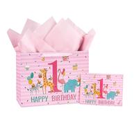 LeZakaa First Birthday Gift Bag for Kids Girls, Happy 1st Birthday Safari Animals & Pink Striped Design with Tissue Paper and Greeting Card for Baby Shower, New Parents, 13" x 10" x 5", 1 Pcs