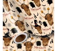 LeZakaa Funny Halloween Wrapping Paper Roll for Kids, Highland Cow Design with Witches Bats Pumpkins for Fall Party, Halloween Trick-or-Treat Gifts Decor, Mini Roll 17 in x 16.4 Ft