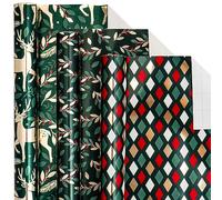 LeZakaa Green Christmas Wrapping Paper Mini Roll, Reindeer Holly Leaves Geometric Metallic Foil Holiday Gift Wrap, Arts Craft, for Xmas Winter Party, 17 x 120 inches, 3 Rolls
