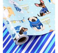 LeZakaa Hanukkah Wrapping Paper Roll, Cute Holiday Dog Print & Blue Stripes Reversible Deign Gift Wrap for Jewish Festival, Kids, Adults, Party, 17 inches x 32.8 Feet