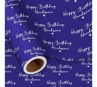LeZakaa Happy Birthday Handsome Wrapping Paper Roll for Men, Navy Blue with White Script Text Hearts Birthday Gift Wrap for Him, Husband, Boyfriend, Dad, Father, Grandpa, Mini Roll 17 in x 16.4 Feet