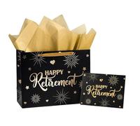 LeZakaa Happy Retirement Gift Bag, Black Goil Foil Hearts Stars Fireworks Design with Tissue Paper and Greeting Card for Men Women, 13" x 10" x 5", 1 Pcs
