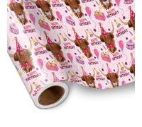 LeZakaa Highland Cow Pink Wrapping Paper Roll for Girls Kids Women, Highland Cow Head with Party Hat, Balloon Stars & Bowtie, Happy Birthday Design, for Baby Shower, Mini Roll 17 in x 16.4 Ft