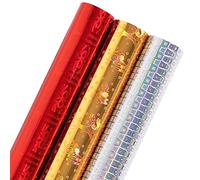 LeZakaa Holographic Foil Wrapping Paper - Mini Roll - Red Snowflake/Gold Bell/Silver Blocks for Christmas, Holiday, Birthday - 17 x 120 inches - 3 Rolls (42.5 sq.ft.ttl.)