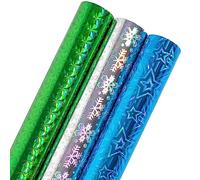 LeZakaa Holographic Foil Wrapping Paper - Mini Roll - Silver Snowflake/Blue Star/Green Geometric Pattern for Christmas, Holiday, Wedding, Birthday - 17 x 120 inches - 3 Rolls (42.5 sq.ft.ttl.)