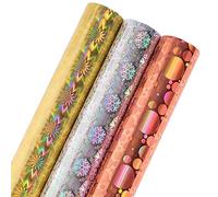 LeZakaa Holographic Foil Wrapping Paper - Mini Roll - Silver Snowflake/Gold Flower/Champagne Dot Print for Christmas, Holiday, Wedding, Birthday - 17 x 120 inches - 3 Rolls (42.5 sq.ft.ttl.)