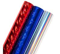 LeZakaa Holographic Patriotic Wrapping Paper Roll, Blue Star/Red Stripe/Silver Color for Independence Day 4th of July Memorial Day Birthday Holiday, Mini Roll, 17 x 120 inches, 3 Rolls