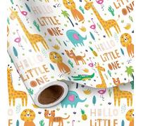 LeZakaa Jungle Animal Wrapping Paper Roll for Kids, Hello Little One, Light Yellow Safari Design, Elephant Giraffe Flamingo Lion Crocodile for Birthday, Baby Shower, Nursery Celebration 17In x 16.4Ft