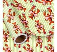 LeZakaa Lobster Wrapping Paper Roll, Lobsters Holding Wine Glasses with Green Stripes Design, Funny Coastal Gift Wrap for Birthday Anniversary Wedding, Mini Roll 17 In x 16.4 Feet