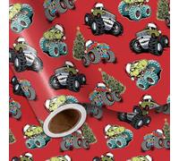 LeZakaa Monster Car Christmas Wrapping Paper Roll, Santa Hat Trucks Christmas Trees Fun Red Gift Wrap for Boys Kids Teens, Winter Birthday Party, Mini Roll 17 in x 16.4 Ft
