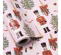 LeZakaa Nutcracker Christmas Wrapping Paper, Nutcracker, Rocking Horse Candles Gold Foil Design, Vintage Holiday Pink Gift Wrap for Girls Kids Family, Mini Roll 17 in x 16.4 Ft