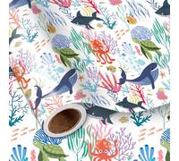 LeZakaa Ocean Wrapping Paper Roll - Cartoon Design of Ocean, Whale, Turtle, Sea Creature for Birthday, Baby Shower, Holiday Party for Boys Girls Kids - 17 inches x 16.4 Feet