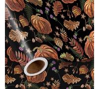 LeZakaa Orange Embroidered Pumpkin Leaves on Black Background Wrapping Paper Roll, Pumpkins, Leaves, Embroidery Design, Halloween, Autumn Decor, Mini Roll, 17 inches x 16.4 Feet (23.2 sq.ft.)