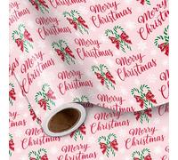 LeZakaa Pink Bow Christmas Wrapping Paper Roll for Girls Women, Candy Canes Bows and Merry Christmas Text, for Xmas Winter Wonderland, Holiday Party Celebration, Mini Roll 17 in x 16.4 Ft