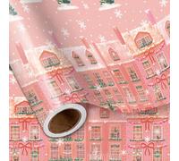LeZakaa Pink Christmas Wrapping Paper Roll for Girls Kids, Winter Street Scene Romantic Townhouse with Snowflakes for Holiday Gifts, Family Friends, Winter Wonderland, Mini Roll 17 in x 16.4 Ft