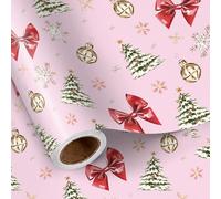 LeZakaa Pink Christmas Wrapping Paper Roll for Girls Kids Women, Red Bows Festive Bells Snowflake Christmas Tree Design, for Xmas Winter Holidays, Party Celebration, Mini Roll 17 in x 16.4 Ft