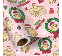 LeZakaa Pink Funny Christmas Wrapping Paper Roll, Pink Pixel Doge Meme with Santa Hats Wreaths Festive Design, Hilarious Holiday Gift Wrap for Men, Teens, Meme Lovers Gamers, Mini Roll 17 in x 16.4 Ft