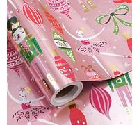 LeZakaa Pink Nutcracker Christmas Wrapping Paper Roll, Nutcracker Ballerina Festive Ornaments, Rose Gold Foil Design for Winter Holidays, for Girls Kids Women, Mini Roll 17 in x 16.4 Ft