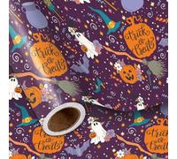 LeZakaa Purple Halloween Wrapping Paper Roll, Cute Trick-or-Treat Ghosts Pumpkins Witch Hats Gift Wrap for Kids Teens Adults, Halloween Decor, Party Favors, Mini Roll 17 in x 16.4 Ft