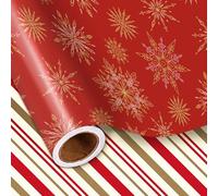 LeZakaa Red Christmas Wrapping Paper Roll, Gold Snowflakes and Holiday Stripes Reversible Elegant Design for Festive Winter Holiday, Family Gathering, for Girls, Kids, Mini Roll 17 in x 16.4 Ft
