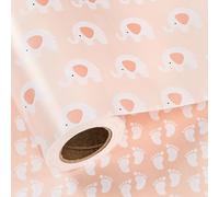 LeZakaa Reversible Baby Shower Wrapping Paper - Jumbo Roll - Elephant & Footprint in Pink for Baby Girl - 24 inches x 100 Feet (200 sq.ft.)