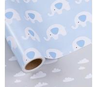 LeZakaa Reversible Blue Baby Shower Wrapping Paper Roll, Elephant in Blue & Cloud in Gray for Baby Shower, Baby Boy's 1st Birthday, Newborn Party, Mini Roll, 17 inches x 32.8 Feet