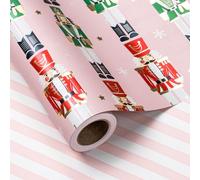 LeZakaa Reversible Christmas Wrapping Paper Roll - Pink Metallic Foil Gift Wrap Paper with Nutcracker & Stripe - 17 inches x 32.8 Feet (46.45 sq.ft.)